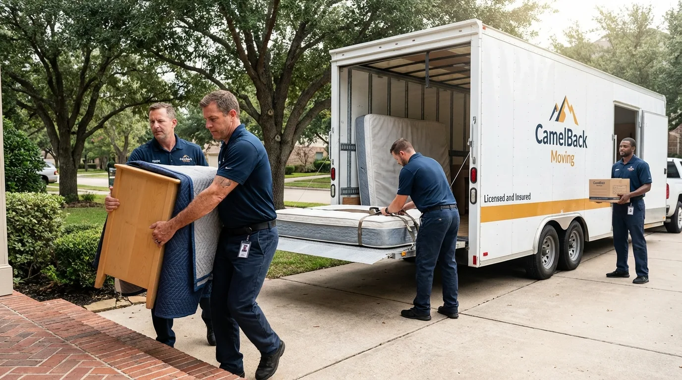 Crew loading residential truck for cross-state move from Pearland, TX