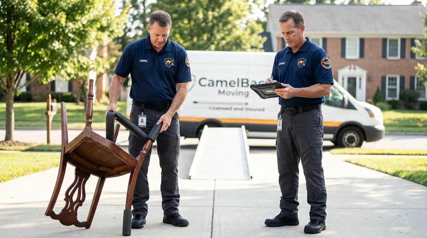 Movers inspecting furniture for damage prevention before loading in Pearland, TX