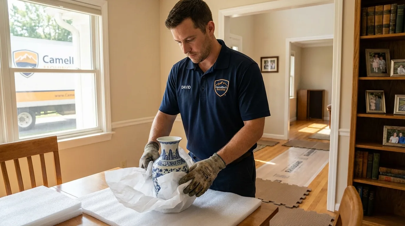 Professional crew carefully wrapping antique vase for senior downsizing move in Pearland, TX